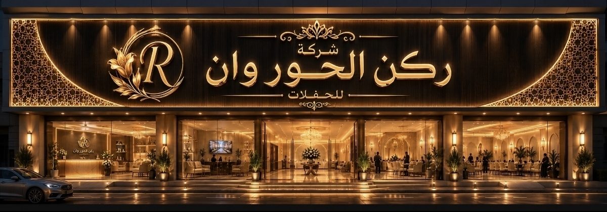 تصميم لوحة واجهة المحل المضاءة بخط ذهبي مع شعار حرف R