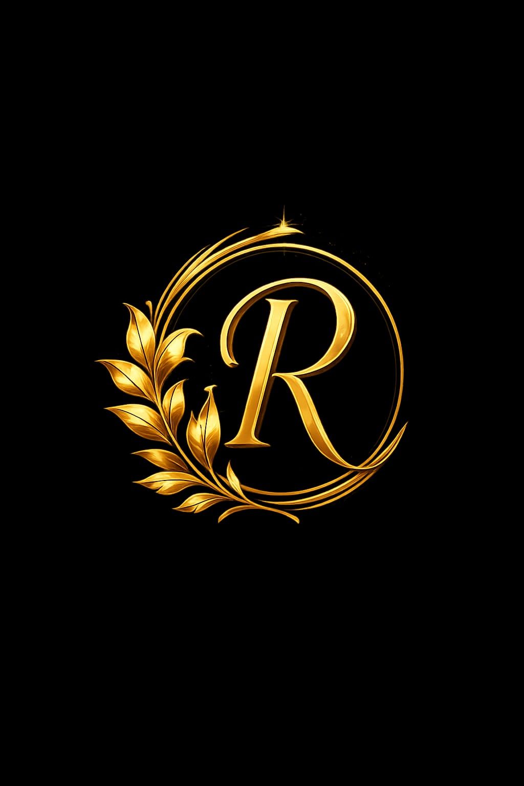 شعار ركن الحور الذهبي بحرف R على خلفية داكنة